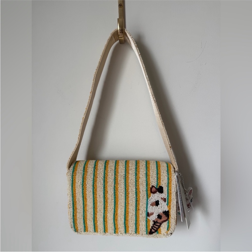 Beaded Kitty Embroidered Crossbody Shoulder Bag in Cream and Yellow - Picture 3 of 6
